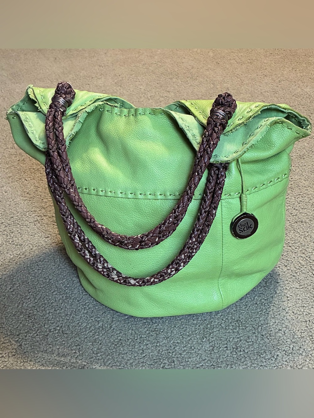 The Sak Indio Hobo Bag lime green pebbled leather braided strap boho slouchy